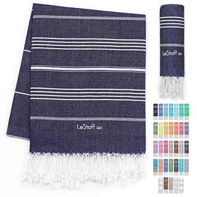 Afbeelding van LeStoff de traditionele Hamamdoek Strandlaken Badhanddoek Saunahanddoek Douchehanddoek Spa Sport Yoga Reizen 100% Biologisch Katoen. Duurzaam, natuurlijk, zacht en voorgewassen. (95 x 180 cm, Navy)