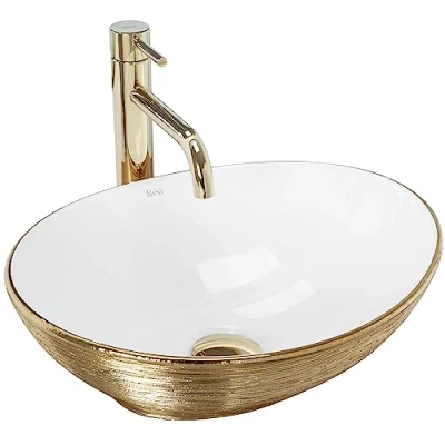 Afbeelding van REA Sofia Opzetwastafel Waskom 41 x 34.5 15 cm Geborsteld Goud Glans Wit