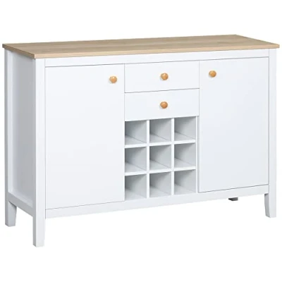 Afbeelding van HOMCOM Buffet Opbergkast met 2 laden, verstelbare legdeuren en flessenhouder voor 9 flessen, 110 x 35 75 cm, wit natuurlijk hout