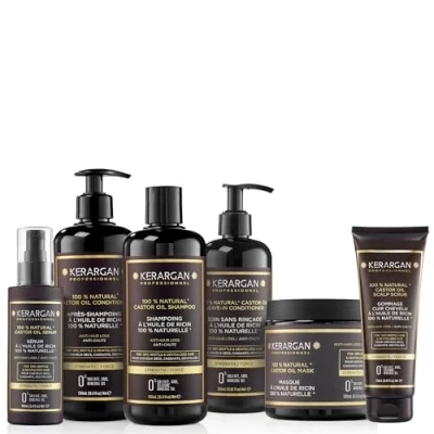 Afbeelding van Kerargan Komplett Anti Håravfall Kit med Ricinolja För Torrt, Skört och Svagt Hår Främjar Tillväxt Utan Sulfater, Parabener, Silikoner 3x500ml + 100ml 350ml 250ml