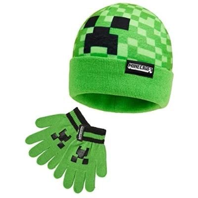 Afbeelding van Minecraft Set van muts en handschoenen voor jongens, wintermutsen met Creeper ontwerp bijpassende wanten (Groen 2 delige set)