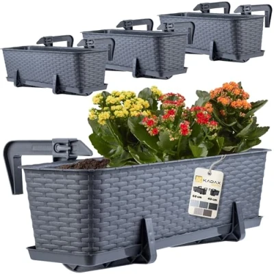 Afbeelding van KADAX Bloembakset, balkonbak van kunststof, plantenbak voor bloemen en kruiden, duurzame balkonpot, balkon, 60 cm, set 4, grafiet