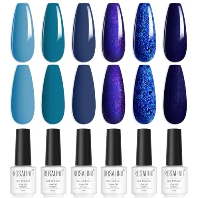 Afbeelding van ROSALIND UV Nagellak Set, 6 kleuren Gel Lichtblauw Marineblauw Donkerblauw Glitter Gellak voor Nagelstudio DIY Home