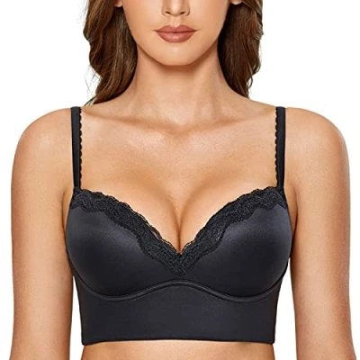 Afbeelding van Dobreva Vrouwen Bloemen Kant Gewatteerde Draadloze Push Up Bralette Longline BH zwart 90B