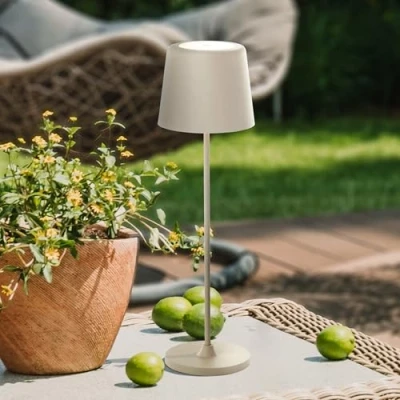 Afbeelding van Lightbox LED Tischlampe für Innen &amp; Außen 37 cm / 23 Höhe, Ø 10 beige Outdoor Tischleuchte mit Touch Dimmer mobil/kabellos/portable per USB aufladbar/Akku 310lm 3000K