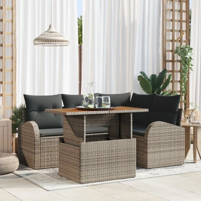 Afbeelding van vidaXL Tuin Sofa Set 5 delig Grijs Poly Rattan, Staal, Stof Hoekbank