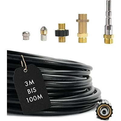 Afbeelding van Buisreinigingsslang set Professional (6 delig) voor Kärcher Kränzle NILFISK ALTO WAP HD HDS aansluiting 1/8&quot; AG: M22 x 1,5 IG &amp; bajonetadapter adapter KEW 2x sproeiers (25 meter)