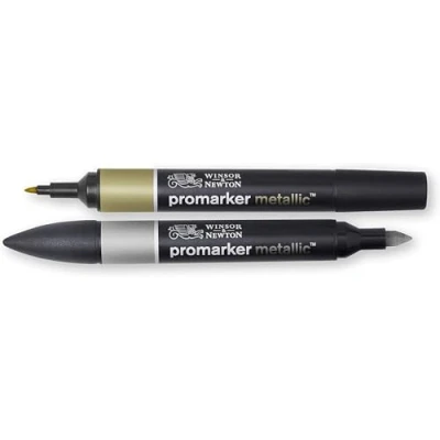 Afbeelding van Winsor &amp; Newton 0290150 Promarker metallic, professionele layoutmarker 2 punten, fijn en breed voor tekeningen, ontwerp lay outs Set Promakers Goud Zilver, Twin pack Gold Silver