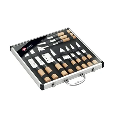 Afbeelding van Pradel Excellence Bestekkoffer 11 delig (mini koksmes, steakmessen, utilitaire, Santoku, om te snijden) Messen van roestvrij staal, bamboe handgrepen Kleurdoos