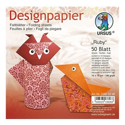 Afbeelding van Ursus 22805599 Designpapier Ruby, 50 vellen in 10 verschillende motieven, ca. 15 x cm, 100 g/m², aan beide zijden bedrukt, ideaal voor het vouwen van creatieve origami dieren
