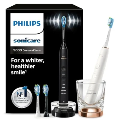 Afbeelding van Philips Sonicare DiamondClean 9000 elektrische tandenborstel, twee sonische tandenborstels met app, druksensor, 4 poetsstanden, 3 intensiteitsniveaus, oplaadglas, zwart en roségoud, model HX9914/61