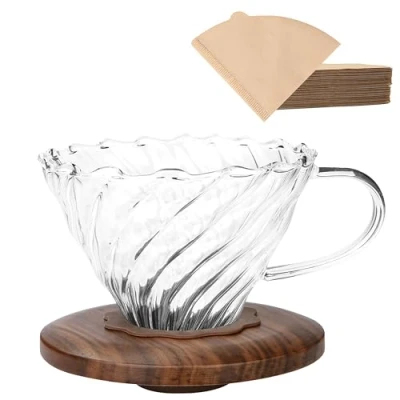 Afbeelding van Lalord Giet over koffiedruppelaar met 100 stuks papieren filters van formaat 02, borosilicaatglas en walnootkraag, druppelkoffiezetapparaat, 1 3 kopjes, helder (koffiedripper)