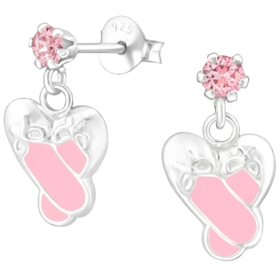 Afbeelding van JoyS Zilveren ballerina ballet danseres oorbellen schoentjes bedel roze Swarovski kristal