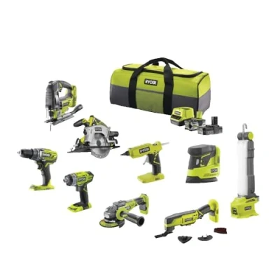 Afbeelding van Ryobi Set met 9 gereedschappen 18V ONE+: Boor, Slagschroevendraaier, Slijpmachine, Multi Tools, Lijmpistool, Cirkelzaag, Decoupeerzaag, Lamp, Schuurmachine + 2 Batterijen en Oplader R18CK9B 252SLZ