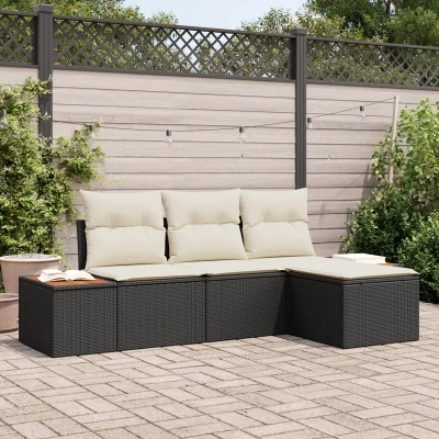 Afbeelding van vidaXL 4 delige Tuin Sofa Set met Kussens Zwart Poly Rattan Acacia