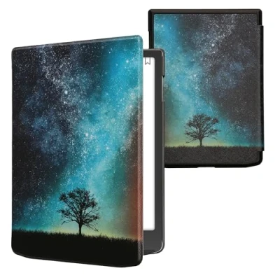 Afbeelding van kwmobile e reader hoesje compatibel met Pocketbook InkPad 4 / Color 3 2 Vivlio Magneetsluiting Ereader case Sterrenstelsel en Boom in blauw/grijs/zwart