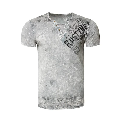Afbeelding van T Shirt heren Verwassen Used Look Zijdelingse Logo Print Ronde hals met knoopsluiting V Optiek 240, grijs, L