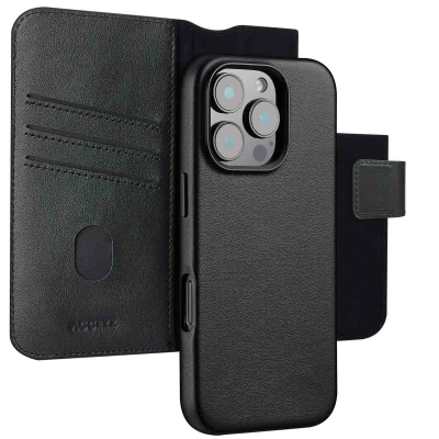 Afbeelding van Apple iPhone 16 Pro Max MagSafe Hoesje Echt leder Accezz Bookcase/2 in 1 Case Zwart Telefoonhoesje