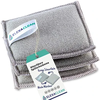 Afbeelding van ELEXACLEAN Spoelspons, potreiniger, sponzen (set van 3, 10 x 8 cm, grijs) wasbaar voor hergebruik, met microvezel