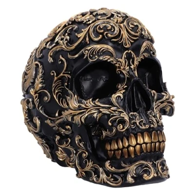 Afbeelding van Nemesis Now Renaissance schedel 19cm, hars, zwart en goud, goud barok stijl patroon, zwarte ornament, gotische inrichting, gegoten in de fijnste vakkundig handgeschilderd