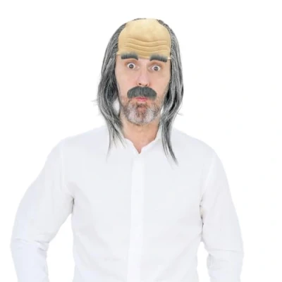 Afbeelding van UILYNIU 3 stuks grijze opa pruikset, kostuum, pruik, oude man, gekke professor, snoor, kale herenpruik voor Halloween, carnaval, party, cosplay (grijs)