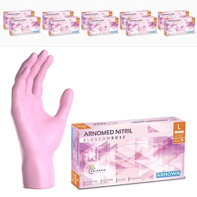 Afbeelding van ARNOMED wegwerphandschoenen roze, nitril handschoenen L, met 1000 stuks, poedervrij. Latexvrije rubber handschoenen, verkrijgbaar in XS, S, M, L