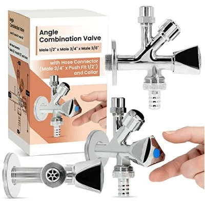 Afbeelding van Gecombineerd Hoekverdeelventiel 1/2&#039;&#039; x 3/4&#039;&#039; 3/8&#039;&#039; Hoekventiel Apparaatventiel Wasmachine Vaatwasserkranen Vaatwasser Hoekstopkraan Wandaansluiting Messing Verchroomd Zilver