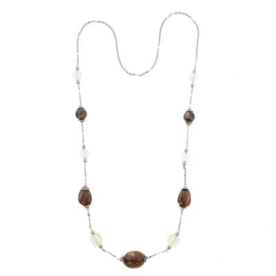Afbeelding van Behave Lange ketting zilver kleur met kralen bruin 110 cm