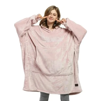 Afbeelding van Catalonia Classy Extra grote fleece capuchondeken voor volwassenen en kinderen, warm gezellig, draagbaar, lang sweatshirt, met capuchon voorzak, roze