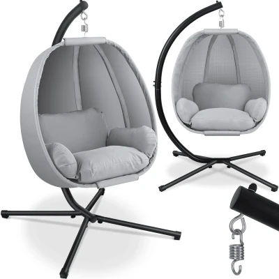 Afbeelding van KESSER® Luxe hangstoel met frame + zacht zitkussen, zijbekleding, zit en rugkussen, hangmand voor binnen buiten, tuinschommelmand, hangstoel, stabiele voet, max. 150 kg Grijs