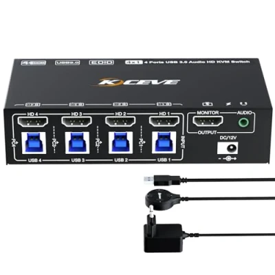 Afbeelding van 8K @60Hz HDMI 2.1 KVM switch 4 PC, YOUTINGHDAV poort, EDID emulator, 4K @120Hz PC 1 Monitor delen muis toetsenbord, met bedrade afstandsbediening