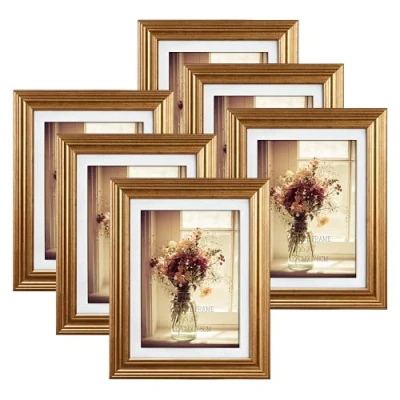Afbeelding van RLAVBL 7x5 fotolijsten Set van 6, gouden voor muur of tafelblad display 5x7 foto&#039;s met mat 6x8 zonder