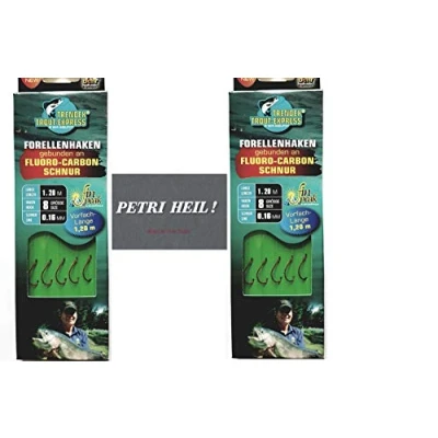 Afbeelding van .Behr Set: 2 verpakkingen gebonden forelhaken (10 stuks) aan fluoro carbon koord, haakgrootte 8 + gratis Petri Heill! Stickers