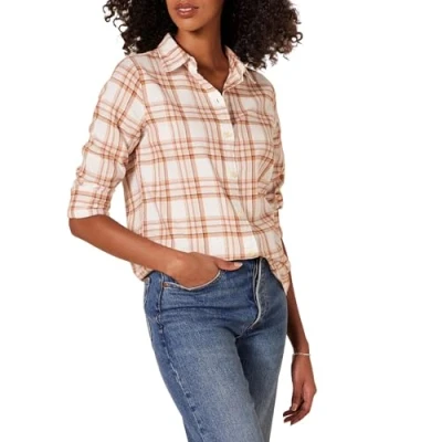 Afbeelding van Amazon Essentials Women&#039;s Lichtgewicht geruite flanellen overhemd met klassieke pasvorm en lange mouwen, Ecru Lichtroze Geruit, S