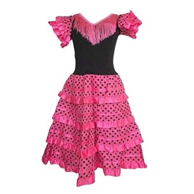 Afbeelding van Spaanse flamenco jurk roze zwart, maat 10 kledingmaat 128 134) 7 8 jaar verkleedkleding verkleedkleren meisje prinses