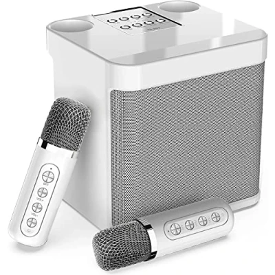 Afbeelding van karaoke Systeem met 2 microfoons, Bluetooth machine, draadloos systeem, luidspreker microfoon, set voor feest, activiteiten, ondersteunt Bluetooth, AUX, USB/TF, wit