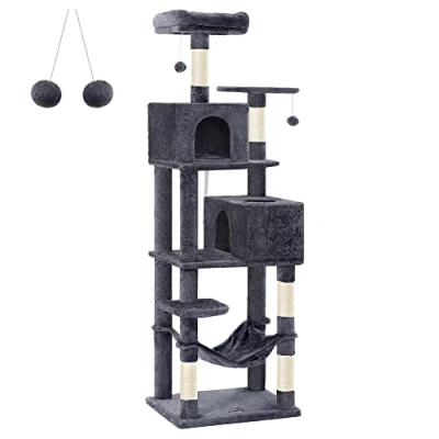 Afbeelding van Feandrea Krabpaal, 191 cm hoog, kattenboom met 5 krabzuilen, 2 platforms, kattenholletjes, hangmat, pluche ballen, pluche, ontwerp meerdere niveaus, rookgrijs PCT191G01