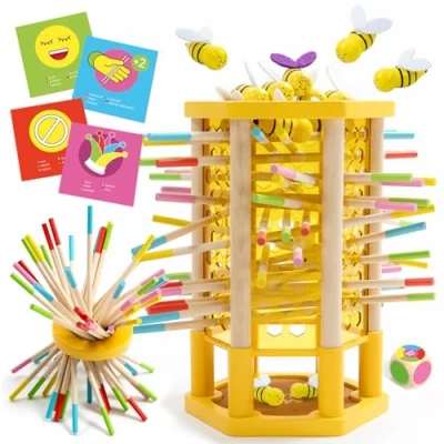 Afbeelding van Nene Toys BeeFall, Montessori 4 in 1 Houten Bijenspel voor Kinderen van 3 9 Jaar Educatief Spel met Bijenkorf, 12 Bijen, Gekleurde Stokjes, Dobbelstenen &amp; Kaarten Gezelschapsspel Cognitieve
