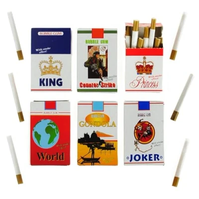 Afbeelding van Kauwgom sigaret 6 pakjes Nep sigarettendoosjes met rookeffect Unieke designs Nostalgische snoepjes of prankartikelen fruitsmaak