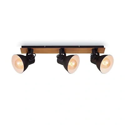 Afbeelding van Briloner Lampen plafondlamp retro met houten balken, 3 vlammige vintage, E27 fitting max. 40 watt, verstelbare lampenkappen, rustieke plafondspot, zwart wit hout