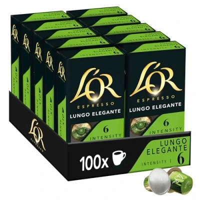 Afbeelding van L&#039;OR Espresso Koffiecups Lungo Elegante (100 Koffie Capsules Geschikt voor Nespresso* Koffiemachines Intensiteit 06/12 100% Arabica UTZ Gecertificeerd) 10 x cups