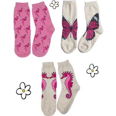 Afbeelding van Nature Planet kindersokken set van 3 roze sokken flamingo vlinder zeepaardje (100% Oeko tex gecertificeerd) maat 19 22