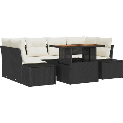 Afbeelding van vidaXL Tuinbank Set van 7 Beige en Zwart Rattan, Stof