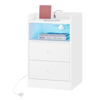 Afbeelding van WOLTU nachtkastje met oplaadfunctie en ledlicht, 2 stopcontacten, USB, bijzettafel schuifladen, open vak, 40 x 64 35 cm, voor slaapkamer woonkamer, hout, wit, NTS07ws