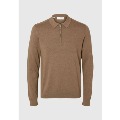 Afbeelding van Selected Homme heren Fijngebreide regular fit polo met halve rits in de kleur Lichtbruin, maat: L