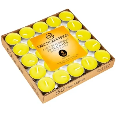 Afbeelding van Deco Express Citronella theelichtjes, 100 of 50 stuks geurkaarsen, brandduur 4 8 uur (geel 50/4 uur)