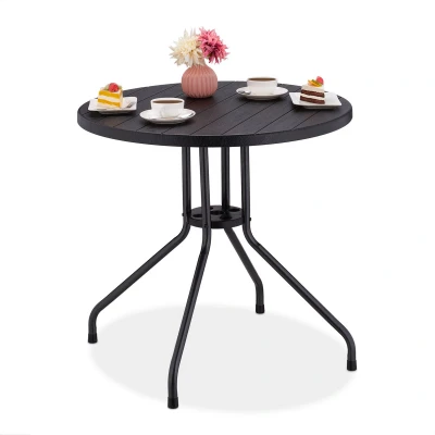Afbeelding van Relaxdays tuintafel, H x Ø: 75 80 cm, balkontafel met houtlook, kunststof &amp; staal, ronde eettafel voor de tuin, zwart