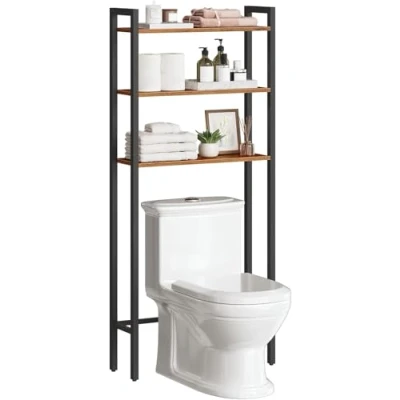 Afbeelding van HOOBRO Toiletrek, toiletrek met 3 niveaus, badkamerrek, industriële stijl, ruimtebesparend, eenvoudige montage, rustiek bruin EBF41TS01