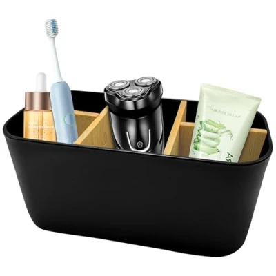 Afbeelding van Xpieoyrm Tandenborstelhouder met Bamboe, Afneembare Plastic Tandenborstelbeker, Zwarte 5 Compartimenten, Badkameropslag voor Badkamer en Familie