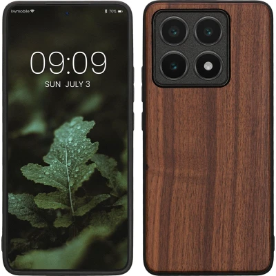 Afbeelding van kwmobile telefoonhoesje geschikt voor Xiaomi 14T Hoesje met bumper in donkerbruin Backcover walnoothout